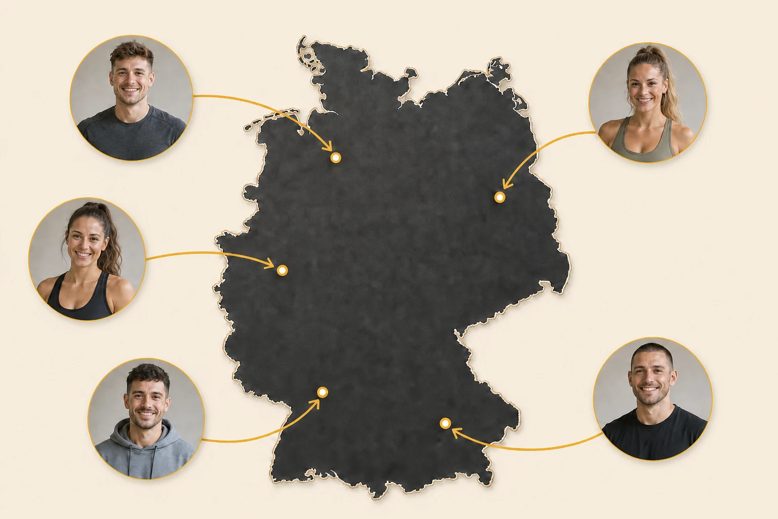 Illustrative Deutschlandkarte mit fünf jungen sportlichen Erwachsenen aus einer Fitness-Community